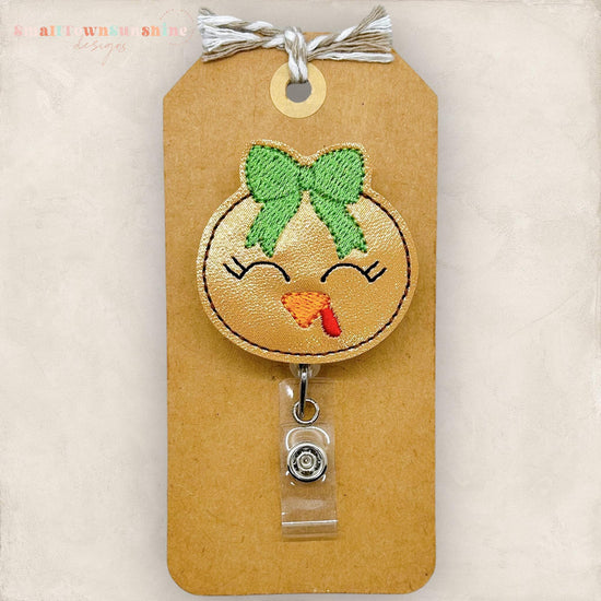 cute turkey face with green bow embroidered badge reel topper