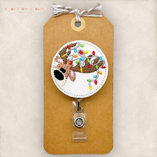 embroidered peeking reindeer with tangled christmas lights badge reel topper