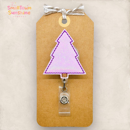 pastel purple embroidered christmas tree badge reel topper