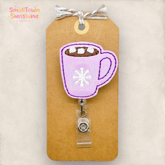 pastel purple embroidered hot chocolate mug badge reel topper