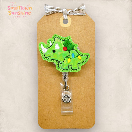green christmas triceratops embroidered badge reel topper