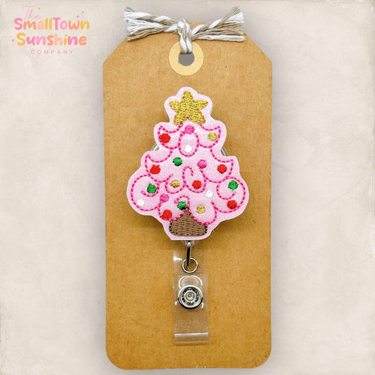 fancy pink christmas tree embroidered badge reel topper