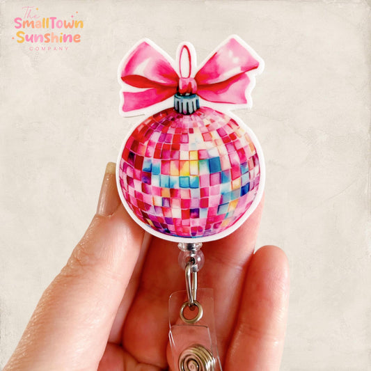 Pink Disco Ball Ornament Badge Topper