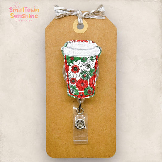 red, white and green christmas daisy coffee cup embroidered badge reel topper