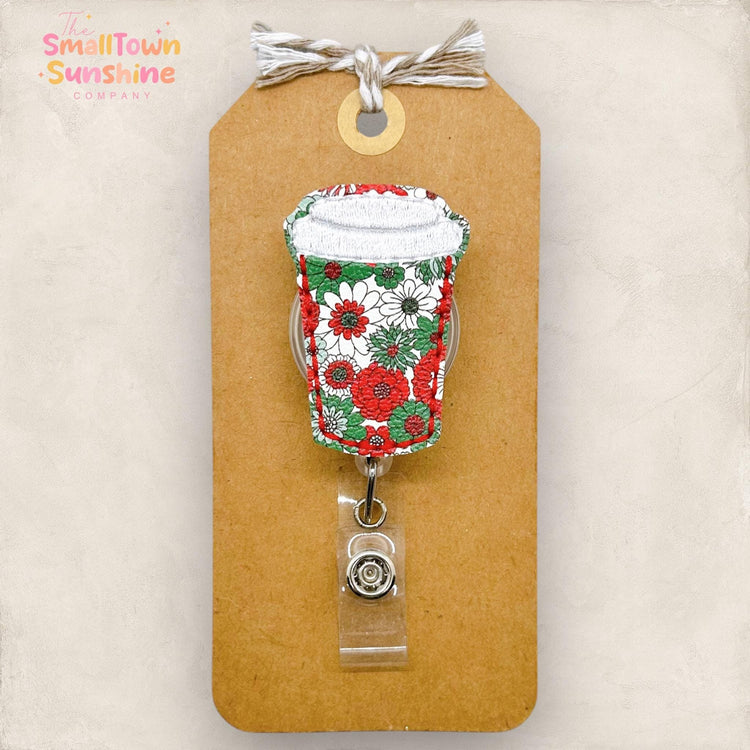 red, white and green christmas daisy coffee cup embroidered badge reel topper