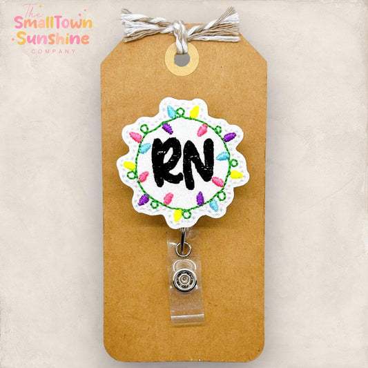 RN Christmas lights embroidered badge reel topper