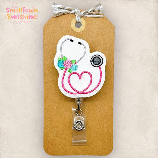 Pink Floral Stethoscope Heart Badge Topper