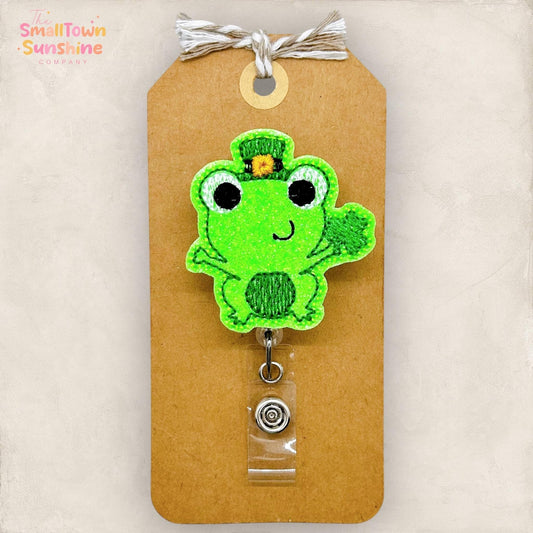 leprechaun frog embroidered badge reel topper