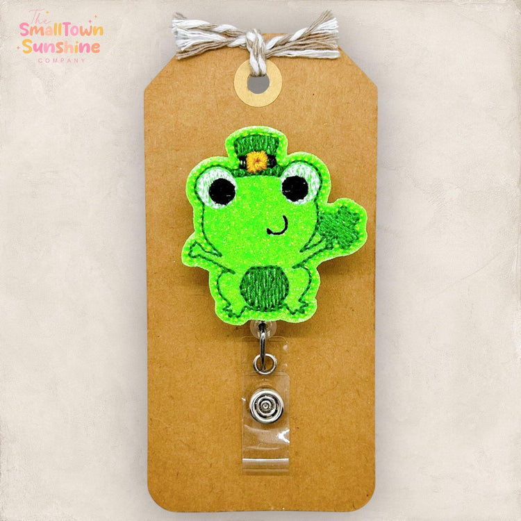 leprechaun frog embroidered badge reel topper