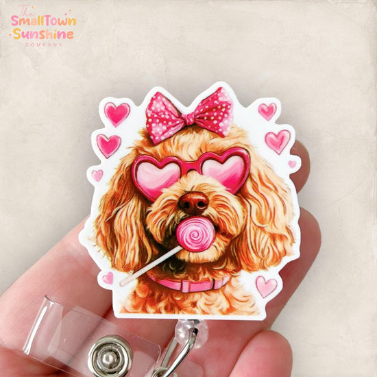 Pink Bow Golden Doodle Badge Topper
