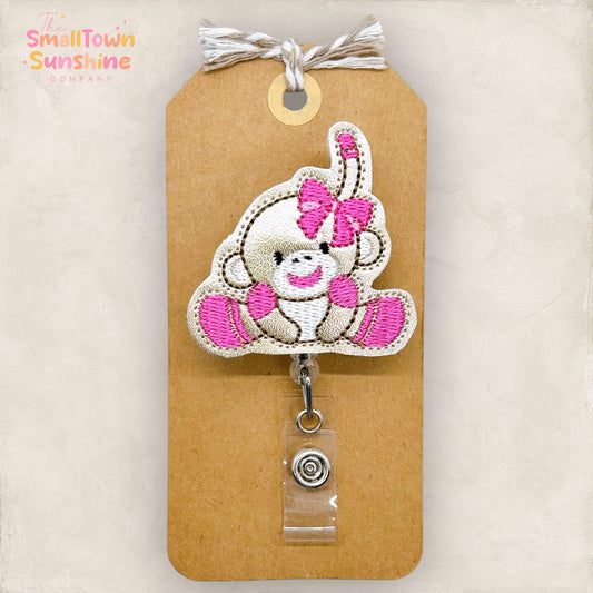 Pink Sock Monkey Badge Topper