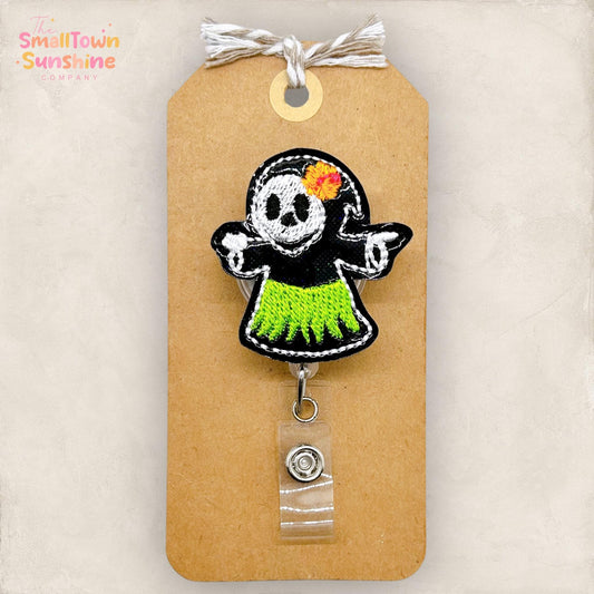 Hula Skirt Reaper Badge Reel, SummerWeen Name Tag, Halloween, Nurse Badge Clip, Teacher Lanyard, Coworker Gift, Retractable ID Holder