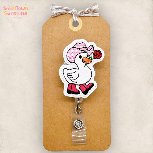 Pink Western Goose with Rose, Silly Goose Badge Reel, Nurse Badge Clip, Teacher Lanyard, Coworker Gift, Retractable ID Holder | GLITTER