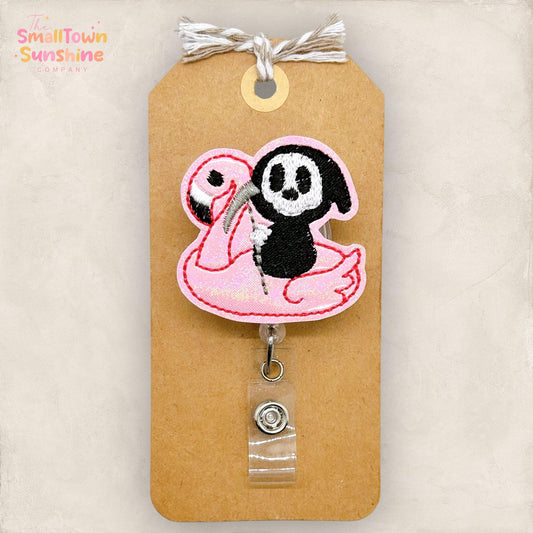 Pool Floatie Reaper Badge Reel, SummerWeen Name Tag, Halloween, Nurse Badge Clip, Teacher Lanyard, Coworker Gift, Retractable ID Holder