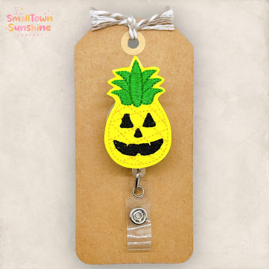 Pineapple Jack O Lantern Badge Reel, SummerWeen Name Tag, Halloween, Nurse Badge Clip, Teacher Lanyard, Coworker Gift, Retractable ID Holder