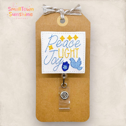 Peace Light Joy Badge Reel, Hanukkah Badge Reel, Jewish Holiday Badge Clip, Nurse Name Tag, Teacher Lanyard, Retractable ID Holder | GLITTER