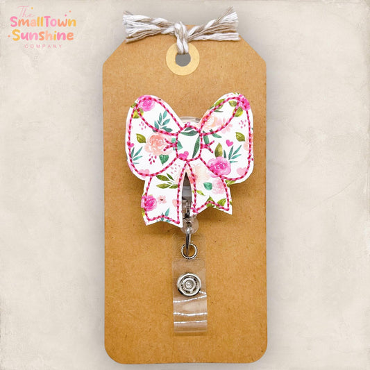 Pink Floral Bow Badge Reel, Coquette Bow Badge Reel, Nurse Badge Clip, Teacher Lanyard, Coworker Gift, Badge Buddy, Retractable ID Holder
