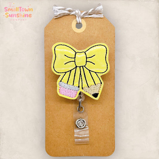 Coquette Pencil Bow Badge Reel, Teacher Badge Clip, School Nurse Badge Reel, Teacher Lanyard, Name Tag, Coworker Gift, Retractable ID Holder