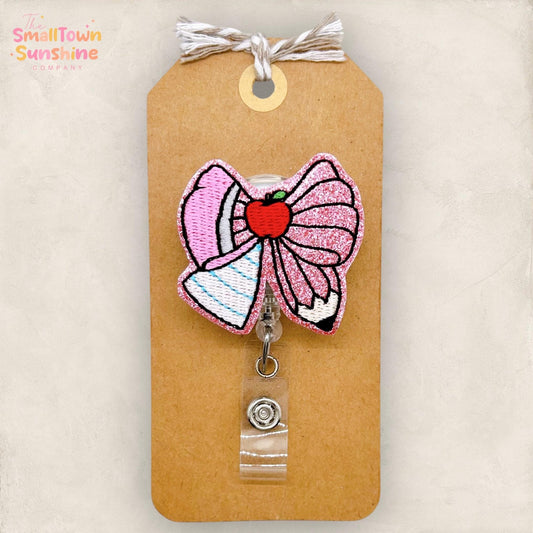 Pink School Bow Badge Reel, Teacher Badge Clip, School Nurse Name Tag, Aide Lanyard, Coworker Gift, Retractable ID Holder | GLITTER