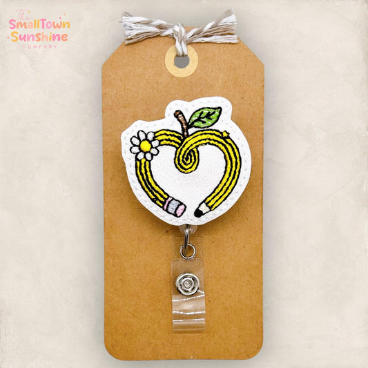 Yellow Pencil Apple Badge Reel, Teacher Badge, TA Lanyard, Student Teacher Name Tag, Teacher Appreciation, Retractable ID Holder | GLITTER