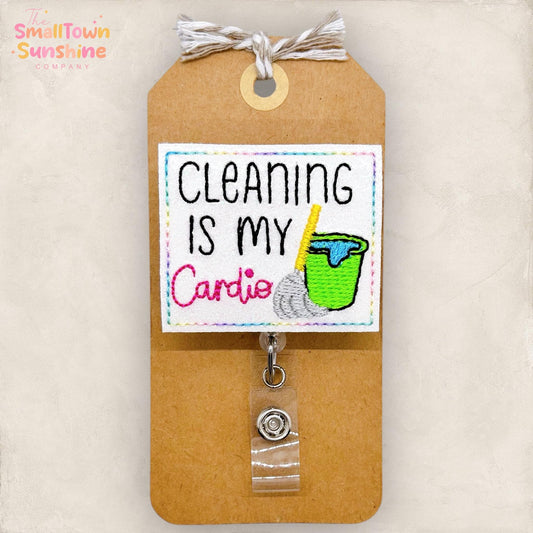 Cleaning is My Cardio Badge Reel, EVS Badge Clip, Housekeeping Lanyard, Coworker Gift, Interchangeable, Retractable ID Holder | GLITTER