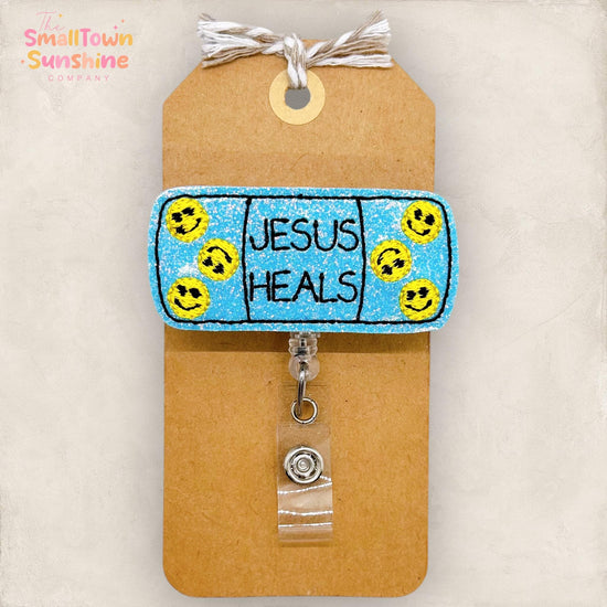 Jesus Heals Badge Reel, Adhesive Bandage Badge Reel, Nurse Badge Clip, School Nurse Lanyard, Coworker Gift, Retractable ID Holder | GLITTER