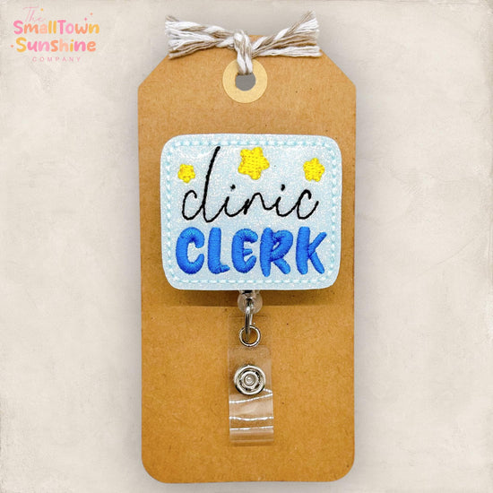 Clinic Clerk Badge Reel, Medical Receptionist Badge Clip, Front Desk Lanyard, Coworker Gift, Name Tag, Retractable ID Holder | GLITTER