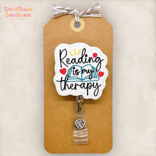 Reading is My Therapy Badge Reel, Bookish Name Tag, Teacher Lanyard, Nurse Badge Clip, Coworker Gift, Retractable ID Holder | GLITTER