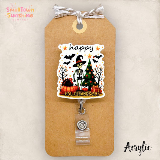 Happy HalloThanksmas Badge Reel, Fall Badge, Nurse Badge Clip, Teacher Lanyard, Coworker Gift, Name Tag, Retractable ID Holder | ACRYLIC