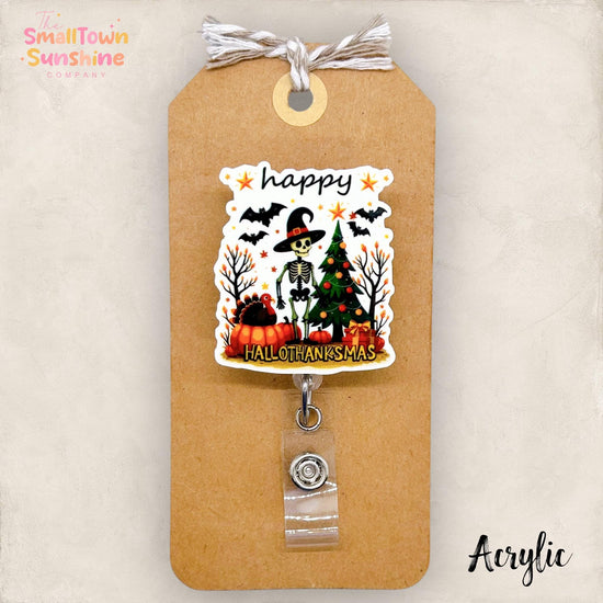 Happy HalloThanksmas Badge Reel, Fall Badge, Nurse Badge Clip, Teacher Lanyard, Coworker Gift, Name Tag, Retractable ID Holder | ACRYLIC