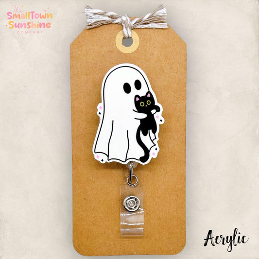 Ghost with Cat Badge Reel, Halloween Badge, Spooky Season, Nurse Badge Clip, Teacher Lanyard, Coworker Gift, Retractable ID Holder | ACRYLIC
