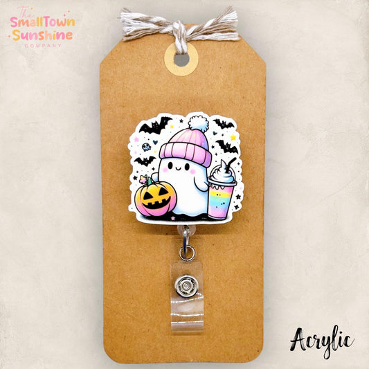 Pastel Ghost with Hat Badge Reel, Halloween Badge Reel, Nurse Badge Clip, Teacher Lanyard, Coworker Gift, Retractable ID Holder | ACRYLIC