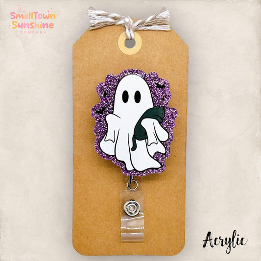 Purple Cat Ghost Badge Reel, Halloween Name Tag, Nurse Badge Clip, Teacher Lanyard, Coworker Gift, Retractable ID Holder | ACRYLIC GLITTER