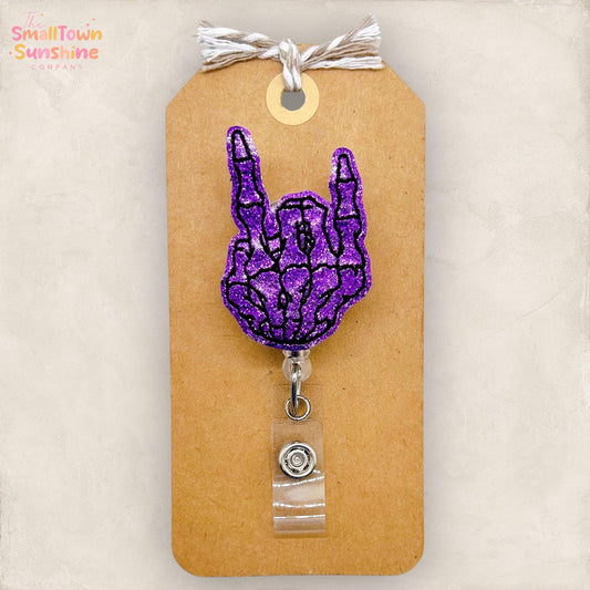 Skeleton Rock On Badge Reel, Skellie Name Tag Holder, Nurse Badge Clip, Teacher Lanyard, Coworker Gift, Retractable ID Holder | GLITTER