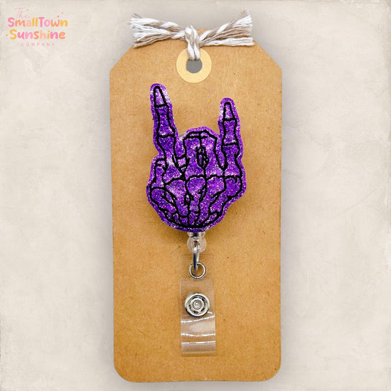 Skeleton Rock On Badge Reel, Skellie Name Tag Holder, Nurse Badge Clip, Teacher Lanyard, Coworker Gift, Retractable ID Holder | GLITTER
