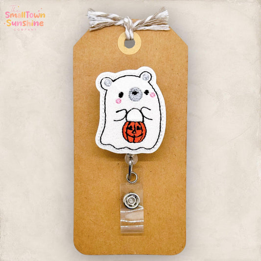 Baby Bear Ghost Badge Reel, Cute Halloween Badge Reel, Nurse Badge Clip, Teacher Lanyard, Coworker Gift, Retractable ID Holder | GLITTER