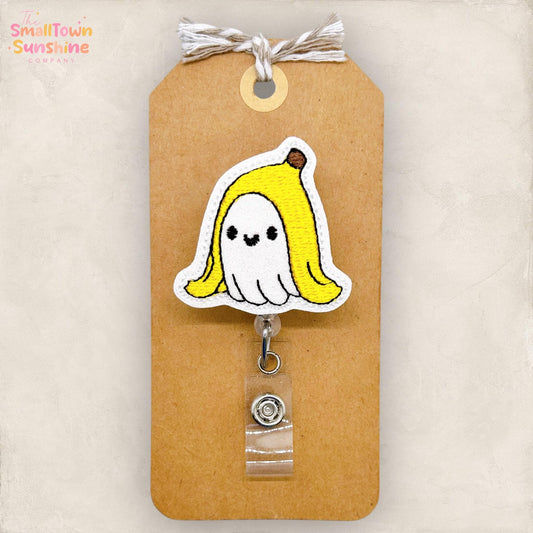 Boonana Badge Reel, Halloween Banana Ghost Badge Reel, Nurse Badge Clip, Teacher Lanyard, Coworker Gift, Retractable ID Holder | GLITTER
