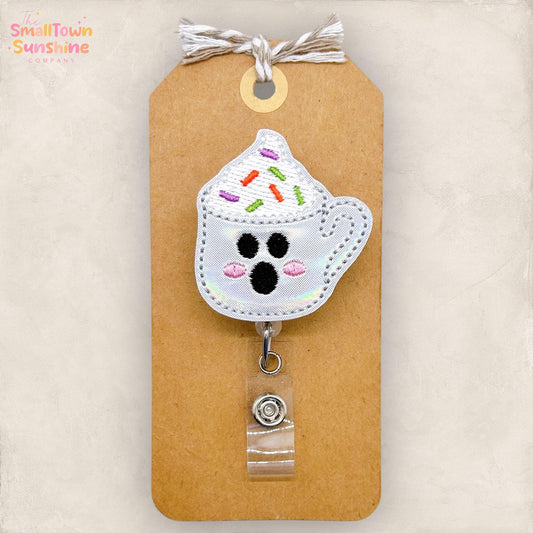 Ghosty Mug Badge Reel, Halloween Coffee Badge Reel, Nurse Badge Clip, Teacher Lanyard, Coworker Gift, Name Tag, Retractable ID Holder