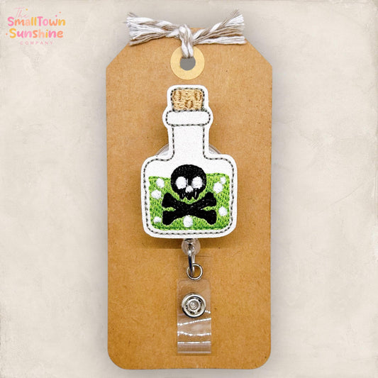 Skull Potion Badge Reel, Halloween Badge Reel, Nurse Badge Clip, Pharmacy Tech Lanyard, Coworker Gift, Retractable ID Holder | GLITTER