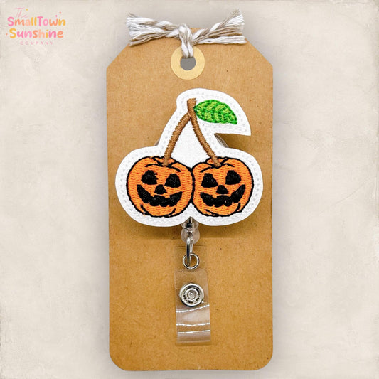 Pumpkin Cherries Badge Reel, Halloween Badge, Nurse Badge Clip, Teacher Lanyard, Coworker Gift, Name Tag, Retractable ID Holder | GLITTER