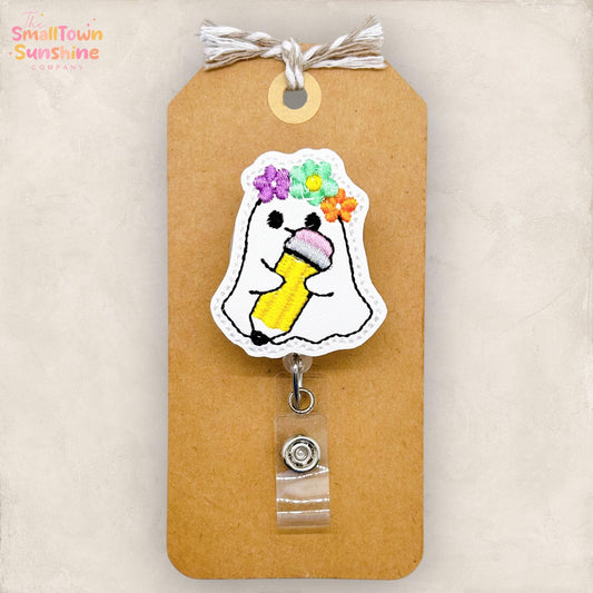 Ghost with Pencil Badge Reel, Cute Halloween Badge Reel, Nurse Badge Clip, Teacher Lanyard, Coworker Gift, Name Tag, Retractable ID Holder