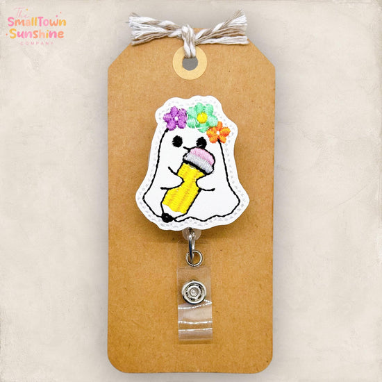 Ghost with Pencil Badge Reel, Cute Halloween Badge Reel, Nurse Badge Clip, Teacher Lanyard, Coworker Gift, Name Tag, Retractable ID Holder
