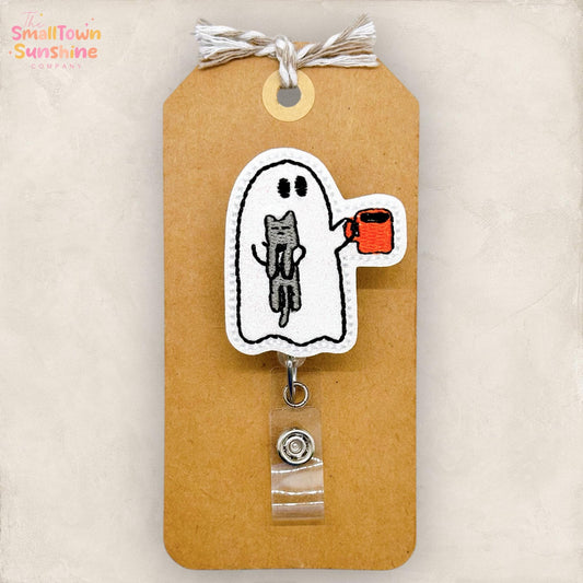 Morning Ghost with Cat Badge Reel, Halloween Name Tag, Nurse Badge Clip, Teacher Lanyard, Coworker Gift, Retractable ID Holder | GLITTER