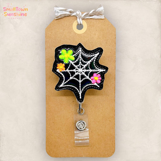 Spiderweb with Flowers Badge Reel, Halloween Badge Reel, Nurse Badge Clip, Teacher Lanyard, Coworker Gift, Name Tag, Retractable ID Holder