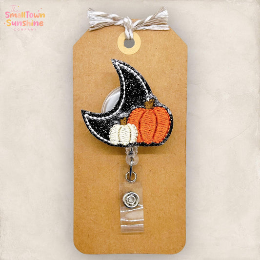 Pumpkin Patch Moon Badge Reel, Halloween Badge, Nurse Badge Clip, Teacher Lanyard, Coworker Gift, Name Tag, Retractable ID Holder | GLITTER