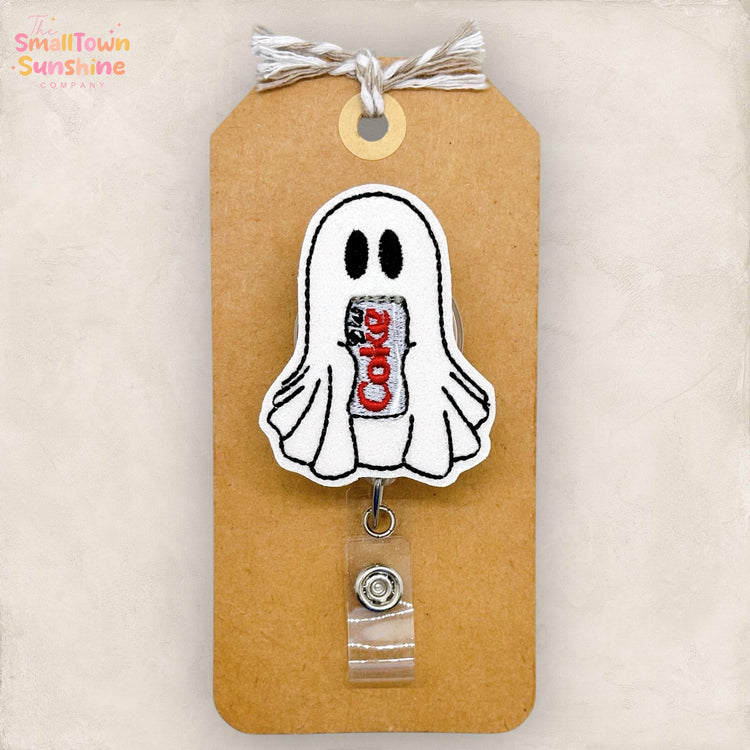 Ghost with Diet Soda Badge Reel, Halloween Name Tag, Nurse Badge Clip, Teacher Lanyard, Coworker Gift, Retractable ID Holder | GLITTER
