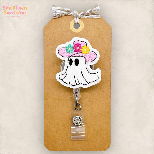 Cowgirl Ghost Badge Reel, Halloween Badge Reel, Nurse Badge Clip, Teacher Lanyard, Coworker Gift, Name Tag, Retractable ID Holder | GLITTER