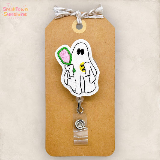 Pickleball Ghost Badge Reel, Halloween Badge, Nurse Badge Clip, Teacher Lanyard, Coworker Gift, Name Tag, Retractable ID Holder | GLITTER