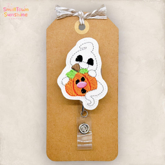 Ghost with Pumpkin Badge Reel, Halloween Badge, Nurse Badge Clip, Teacher Lanyard, Coworker Gift, Name Tag, Retractable ID Holder | GLITTER