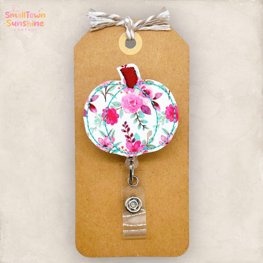Pink Floral Pumpkin Badge Reel, Pastel Flowers Badge Reel, Nurse Badge Clip, Teacher Lanyard, Coworker Gift, Name Tag, Retractable ID Holder